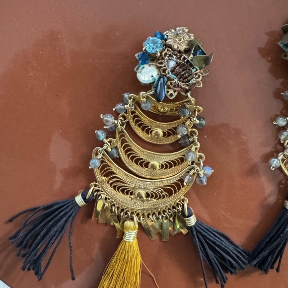 Mercedes Salazar Jewelry - Bohemian Gold and Blue Tassel Earrings